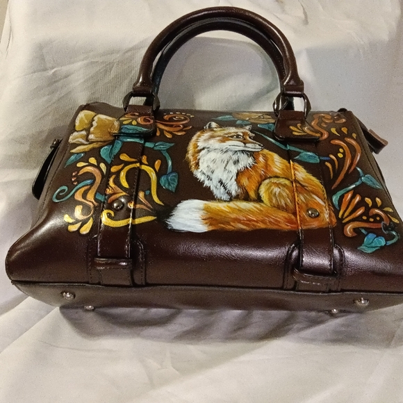 Unique HAND PAINTED Genuine LEATHER Brown *NWT* Handbag Orange Fox Gold Flowers - Picture 6 of 12